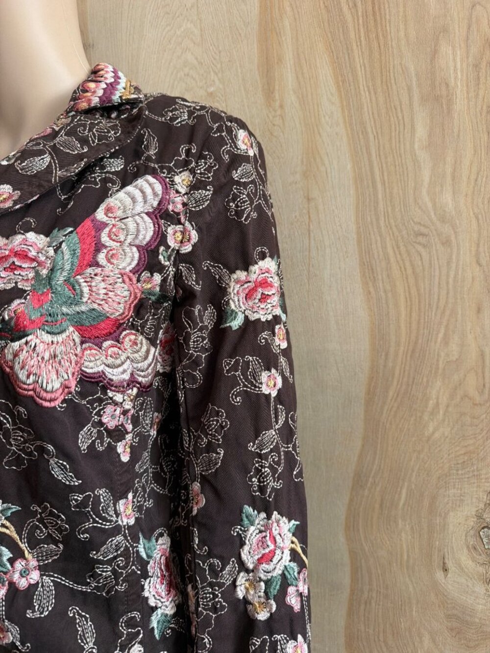 Rare Vintage Johnny Was Brown Embroidered Cotton Duster Coat w/Ornate Collar M - Picture 12 of 16